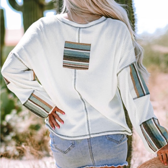 White & Green Striped Exposed Seam Patchwork Waffle Knit Top Size XL (16-18) - Picture 5 of 8